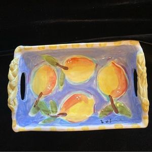 Handmade Ceramic Serving Tray w/ Handles Lem On Blue Design 9”x6”x2” Rectangle